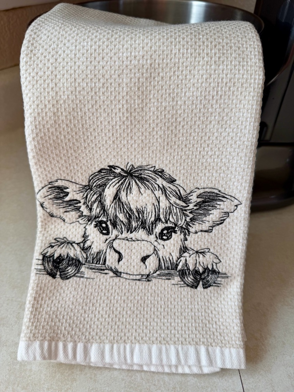 Cute Highland Cow Embroidered Kitchen Towel - Neutral